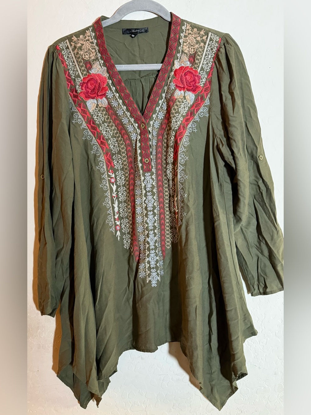 Andree by Unit, medium, olive green, boho, embroidered, v neck blouse